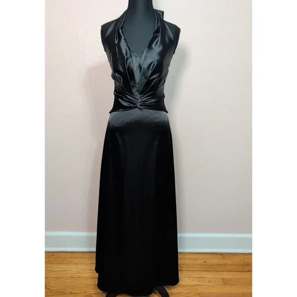 Women's Size Small Black Satin Halter Neck Formal Dress Evening Gown - Picture 2 of 12